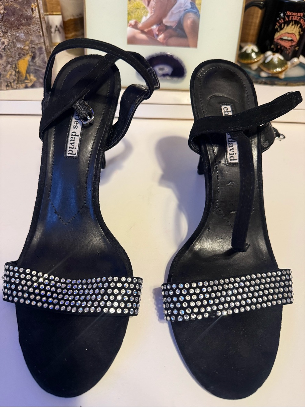Charles David Black Crystal-Strap Heeled Sandals size 10